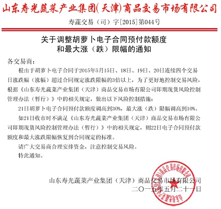 山东寿光果蔬调整胡萝卜电子合同预付款额度和最大涨跌限幅的通知