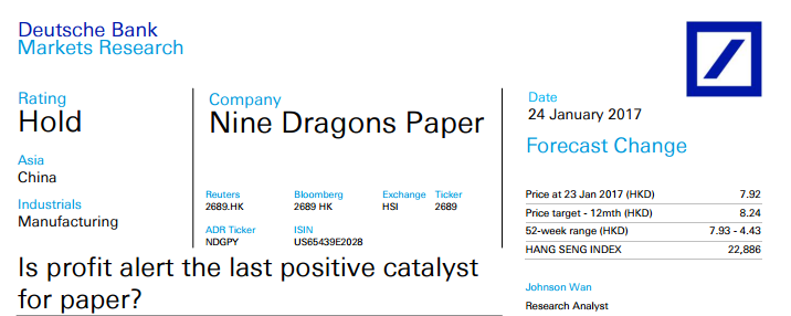 智通財經(jīng)獲悉，德銀發(fā)表研報表示，玖龍紙業(yè)(02689)發(fā)布盈喜，2017年上半年凈利潤同比上漲45%至275元/噸，該行維持其“持有”評級，目標(biāo)價8.24港元。