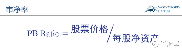 上图中的公式显示了计算市净率的方法。我们可以看到，该比率由股票价格除以公司每股净资产(Book Value)得出。