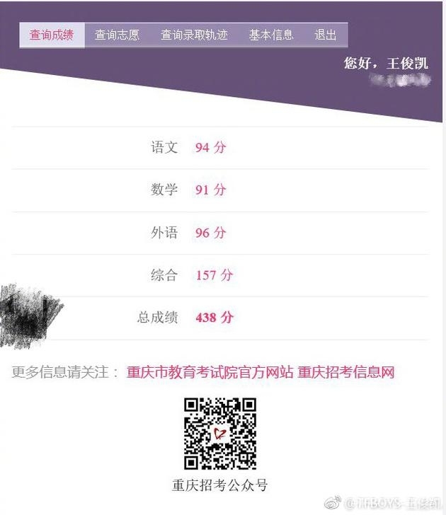 成绩438分王俊凯高考成绩曝光明星网资讯,6月23日,tfboys队长王俊凯在