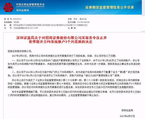 中国基金报记者从深圳证监局官方网站上查询到了相关处罚决定公告，处罚决定的日期为2017年4月27日。