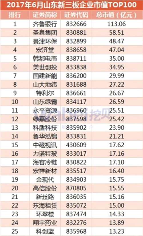 2017年6月山东新三板企业市值TOP100(挖贝新三板研究院制图)1