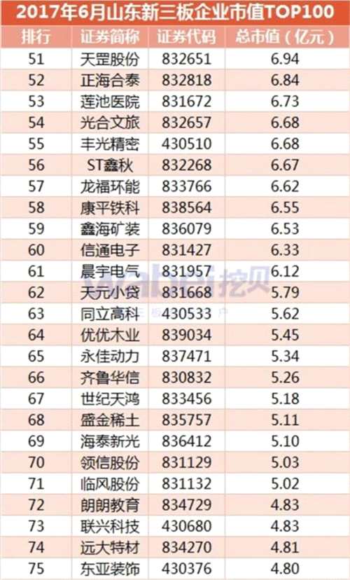 2017年6月山东新三板企业市值TOP100(挖贝新三板研究院制图)3