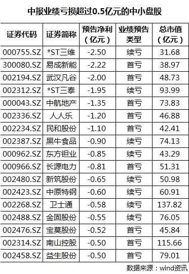 中报业绩亏损超过0.5亿元的中小盘股 