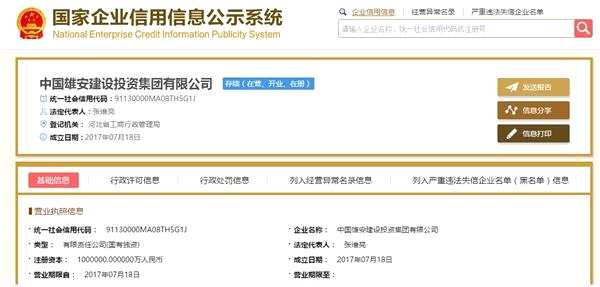 中国雄安建设投资集团有限公司成立 河北省政府为唯一股东
