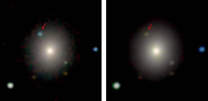 天文学家利用智利的斯沃普和麦哲伦（Magellan）望远镜，记录了这次的中子星爆炸。在可见光波段下，可以看到有个亮点突然出现，然后逐渐黯淡下来。在大约七天后，可