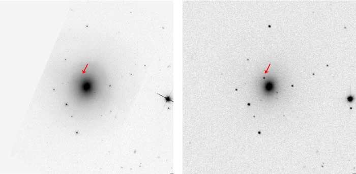 左图是哈勃太空望远镜在侦测到重力波的四个月前，拍摄到的NGC 4993椭圆星系影像。而右图是智利斯沃普望远镜（Swope Telescope）在2017年8月所