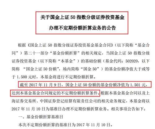 公开信息显示，今年10月18日，国金上证50母基金发布了第一次“可能发生不定期份额折算的风险提示公告”，当时该基金单位净值为1.4550元。而至此之后，其跟踪的上证50指数小幅震荡，国金上证50虽持续上涨，距上折仅“一步之遥”，但多次止步于门外。