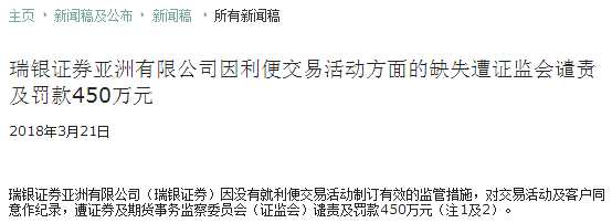瑞银证券被谴责并罚款450万 香港券商频现违规遭证监会处罚