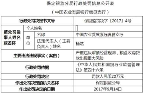 農(nóng)發(fā)行保定糧食收購貸款現(xiàn)重大風險 分行行長終身禁業(yè) 