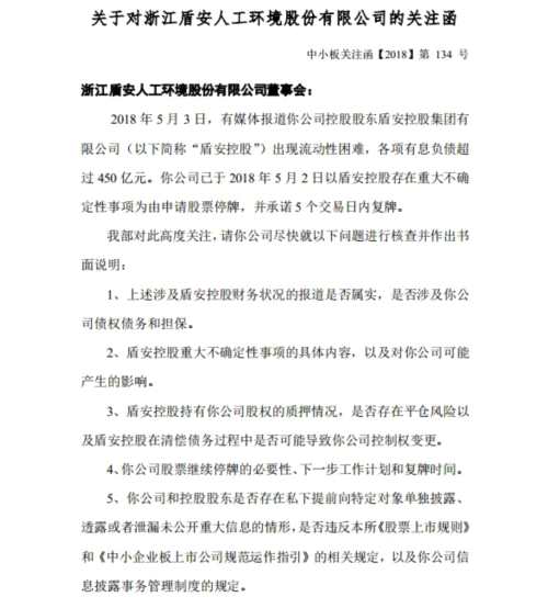 盾安環(huán)境收深交所關(guān)注函：要求說明涉及盾安控股財務狀況的報道是否屬實 