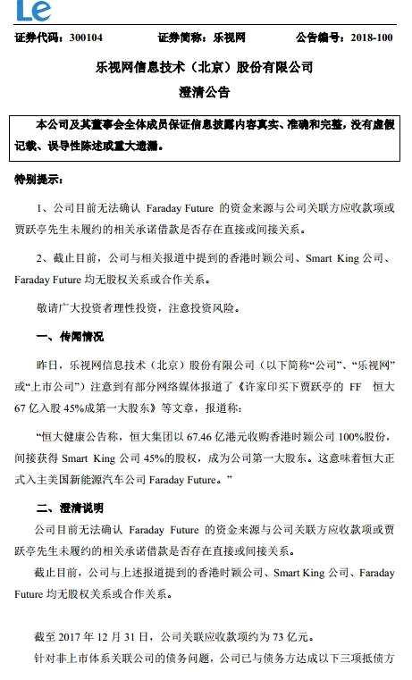 乐视网:公司与香港时颖公司、FF均无股权关系