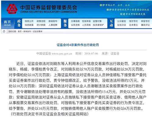 证监会决定对刘晓东、杨威、李儒柏责令改正，对刘晓东处以70万元罚款，对杨威处以20万元罚款，对李儒柏处以10万元罚款，三人总计被罚100万元。