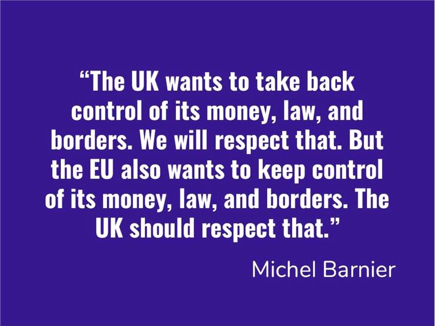巴尼耶指出，欧盟不能也不会将关税权下放给英国，任何关于关税的安排必须是可行的，且不能收取额外费用。巴尼耶还指出，对于欧盟来说，与英国已经达成的协定，欧盟不会做出任何改变。欧盟认同未来的金融市场准入需要双方自主决定，但不会让单一市场融合进程遭到破坏。