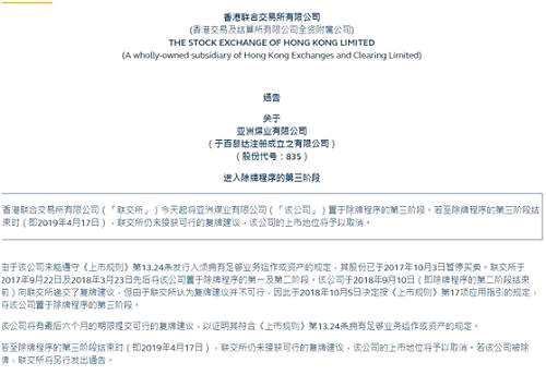 10月19日，港交所還發(fā)布公告稱，中國動物保健品（股票代碼：00940.HK）于2015年5月30日起暫停買賣，因在2014年的年度審核中發(fā)現(xiàn)尚未解決的審核問題，有關(guān)審核問題包括：公司財務(wù)報表的準確度和可信性、管理層的誠信均出現(xiàn)嚴重問題，導致股票長時間停牌，港交所擬行使《上市規(guī)則》賦予的權(quán)利，取消中國動物保健品上市地位。