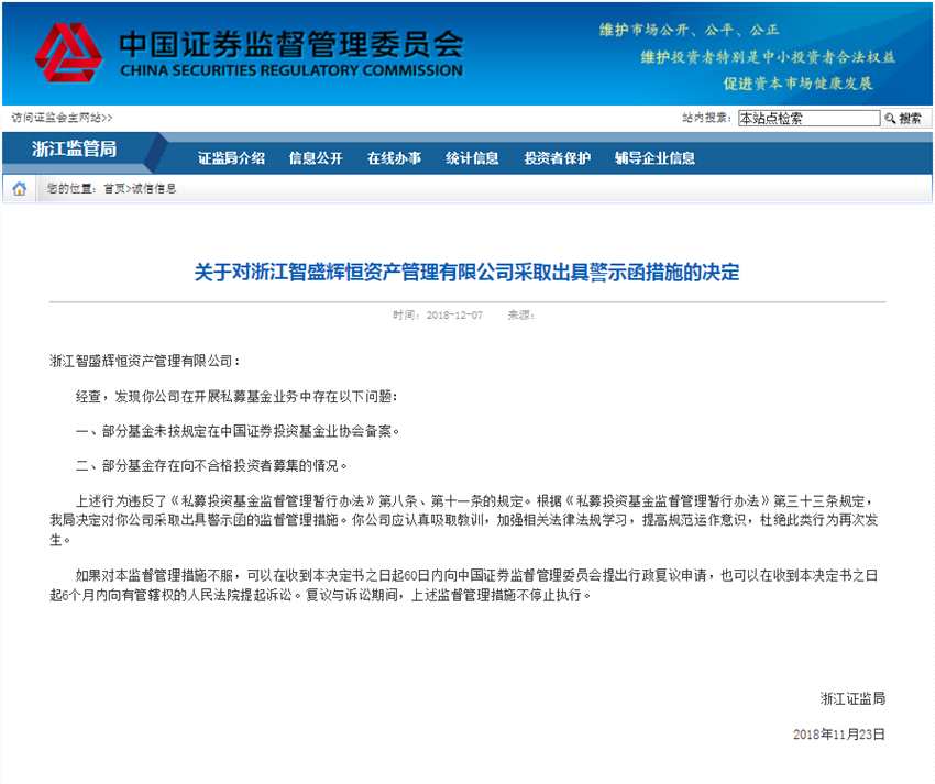 洞察|智盛輝恒資管部分基金向不合格投資者募集被證監(jiān)局警示