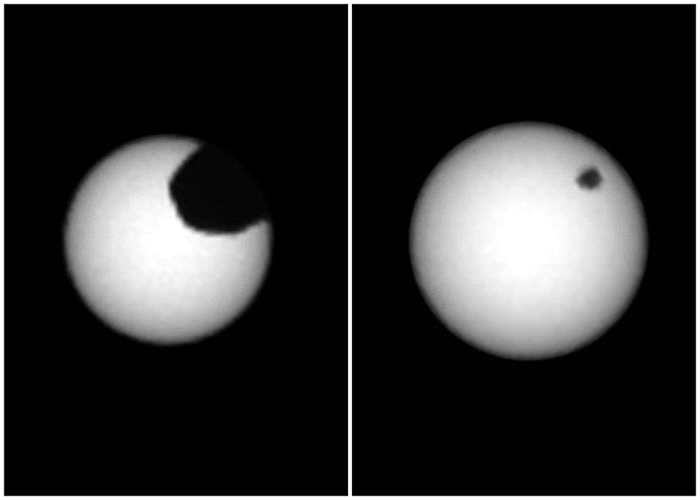 火卫一（左图）及火卫二（右图）先后在太阳表面掠过。