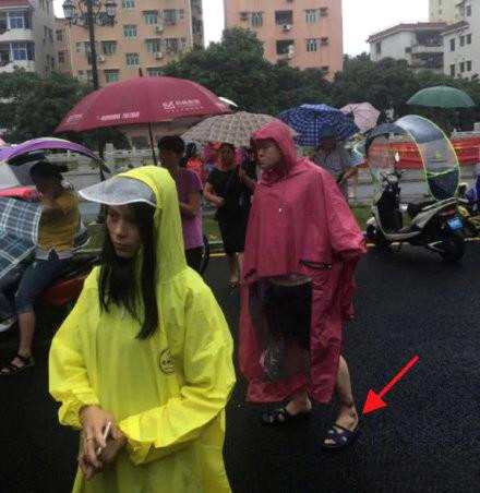 接地气!小岳岳下雨天接孩子 穿拖鞋红雨衣打扮低调