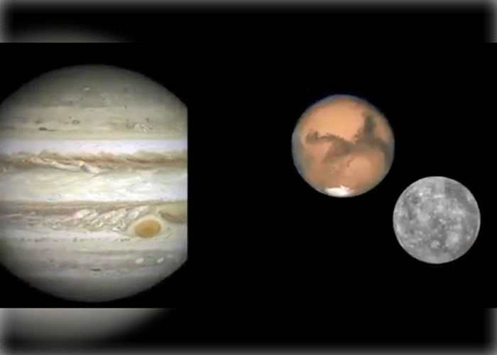 水星和火星（右图）将会在本月中旬看似无比靠近；左为木星。