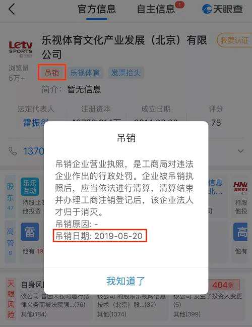 據(jù)查，樂視體育營業(yè)執(zhí)照被吊銷，緣于北京市朝陽區(qū)市場監(jiān)督管理局對樂視體育作出的一則行政處罰。