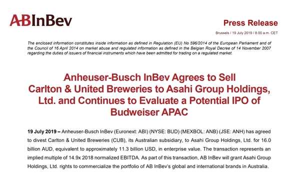 據(jù)了解，上述交易價(jià)格為CUB 2018年調(diào)整后收益的14.9倍，包括利息、稅項(xiàng)、折舊和攤銷。而作為交易的一部分，朝日集團(tuán)將獲得百威英博在澳大利亞市場的所有全球和國際品牌組合的商業(yè)化權(quán)利。百威英博稱，這一業(yè)務(wù)剝離的完成，將有助于百威英博在亞太地區(qū)和全球其他快速增長市場的加速擴(kuò)張。