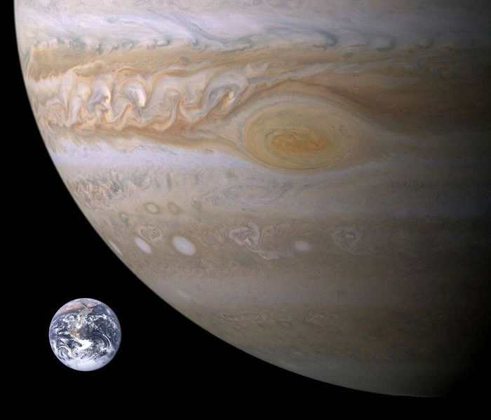 地球和木星的体积对比。从横截面积来看，木星的横截面积是地球的125倍，这将导致小行星和彗星撞击火星的几率是地球的125倍，但实际频率要高得多