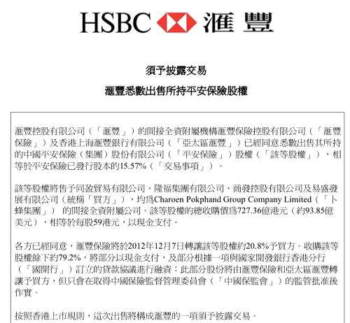 2012年12月，出于自身戰(zhàn)略調(diào)整，匯豐控股將其所持有的中國平安股份悉數(shù)轉(zhuǎn)出，并表示：“平安是匯豐近10年來最成功的投資之一，我們很高興有機會分享到中國經(jīng)濟、金融業(yè)發(fā)展和平安快速成長的巨大價值。我們相信平安在現(xiàn)有的基礎(chǔ)上，能夠很好地把握中國經(jīng)濟、金融業(yè)快速發(fā)展的有利契機，一如既往地保持各項業(yè)務(wù)的穩(wěn)健發(fā)展，最終成為國際領(lǐng)先的綜合金融集團?！?