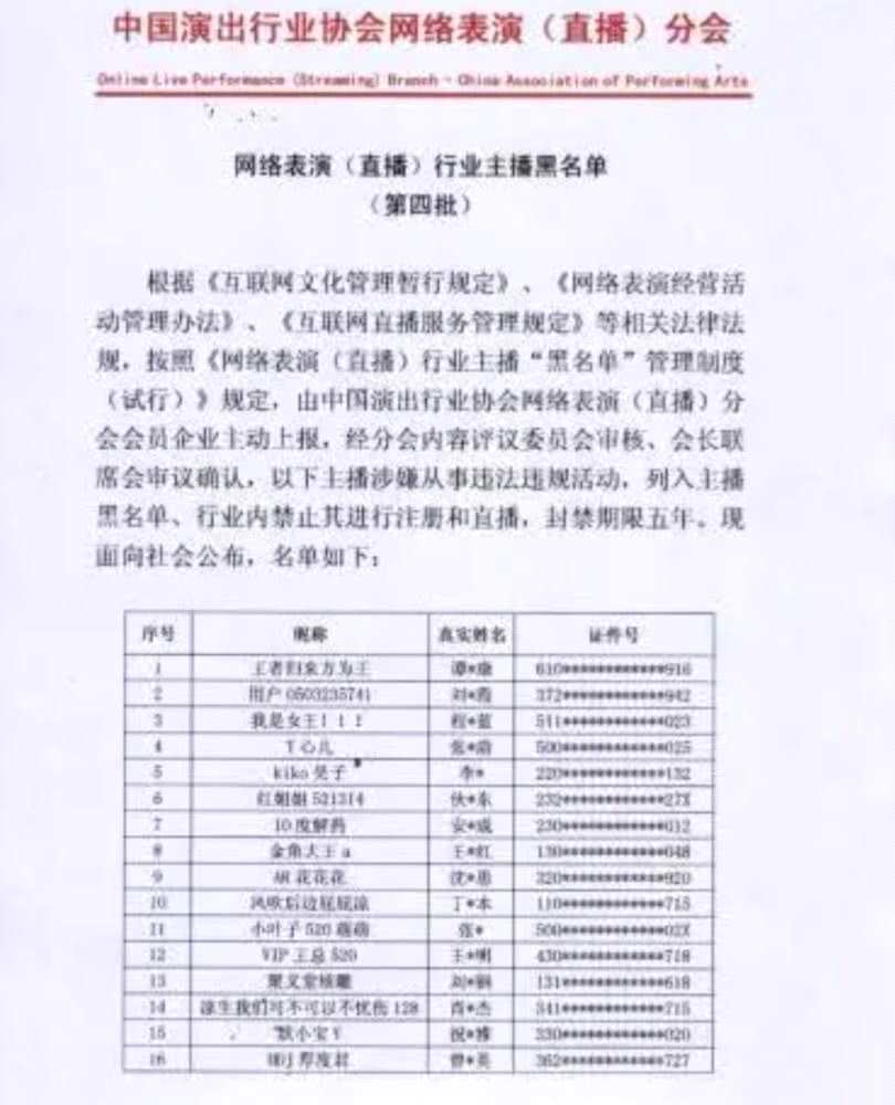 网络表演直播行业主播黑名单第四批详细列表：42名主播被封禁五年