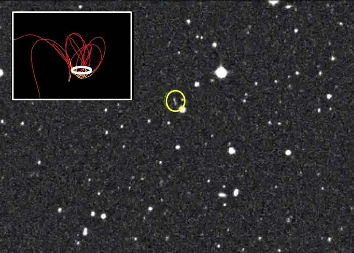 天文学家发现2020　CD3（黄圈）。小图白带为其绕地球运行轨迹。
