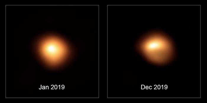 参宿四发生有史以来最剧烈亮度减弱的前后对比影像。 这两张影像是由欧洲南方天文台（ESO）的甚大望远镜于2019年1月和12月时分别拍摄的，可以看到这颗恒星亮度减