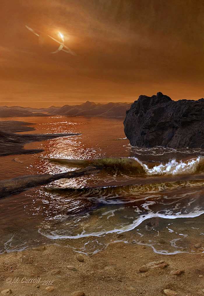 在这幅艺术家插图中，土卫六的碳氢化合物海洋海浪拍打海滩，这些碳氢化合物有助于土卫六形成更加复杂的分子。