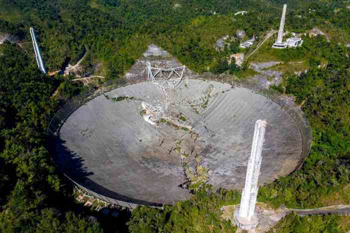 从这张空拍图可以看到阿雷西博天文台的受损情形。 900吨重的设备平台松脱摇晃，碰撞到邻近的岩石表面后，往下掉落砸毁无线电波天线。 PHOTOGRAPH BY R
