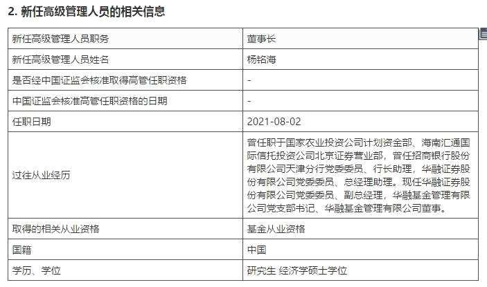 杨铭海新任华融基金董事长 公司权益基金规模不足3000万