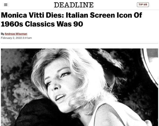 外媒曝意大利知名演员莫尼卡·维蒂去世 享年90