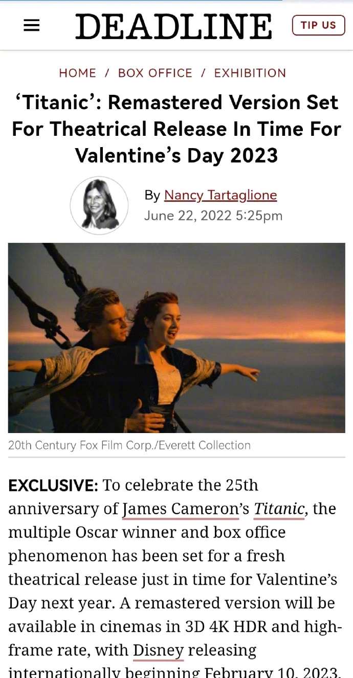 庆祝25周年 《泰坦尼克号》将于明年2月全球重映