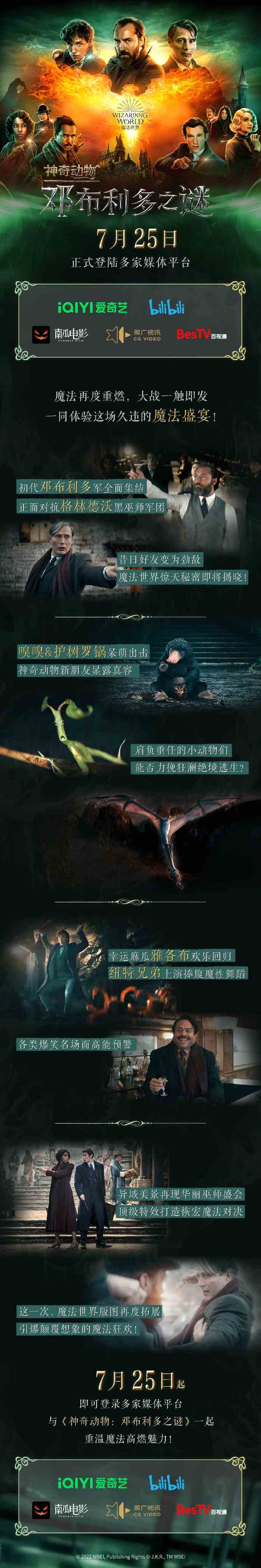 《神奇动物：邓布利多之谜》7月25日上线爱奇艺和B站等平台