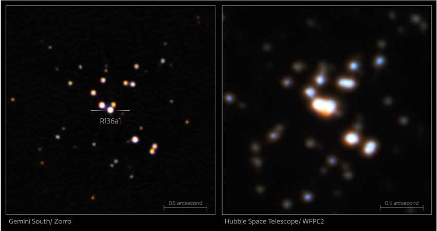 智利8.1公尺双子座南望远镜（左）与哈勃太空望远镜（右）的影像