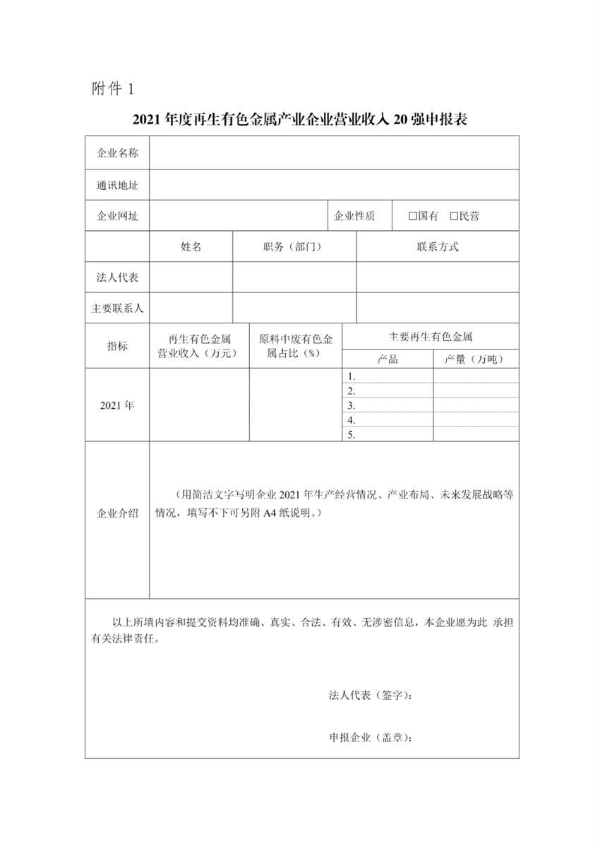 關(guān)于開展2021年度再生有色金屬企業(yè)營業(yè)收入20強(qiáng)申報工作的通知