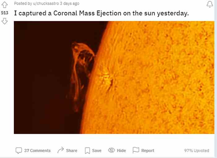 天体摄影家Chuck Ayoub拍摄到太阳日冕物质抛射的美丽而可怕视频