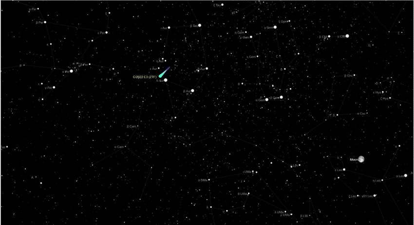 周日（2月5日）观看C/2022 E3(ZTF)这颗绿色彗星经过明亮的恒星五车二