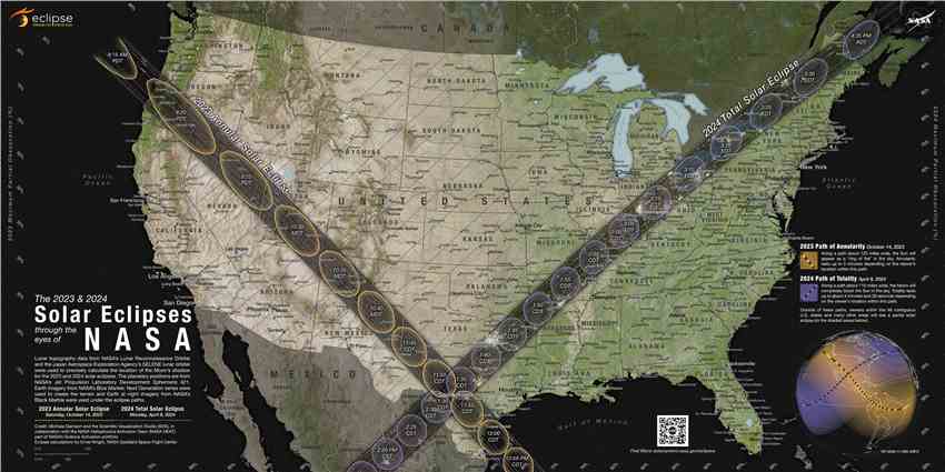 美国宇航局新地图详细介绍了美国2023年和2024年的日食