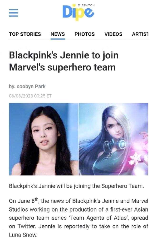 外媒曝JENNIE将加入漫威 或出演亚洲超级英雄电