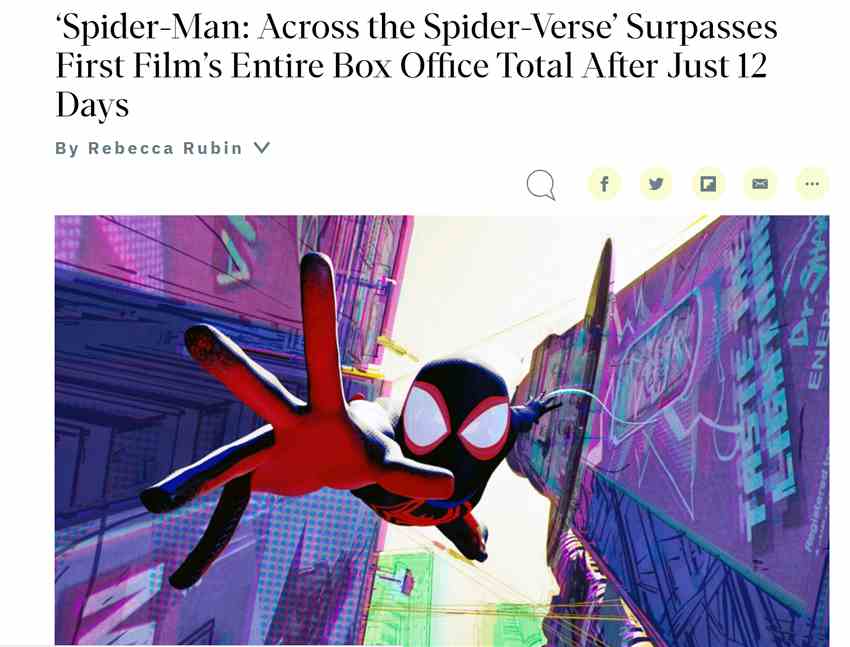 《蜘蛛侠：纵横宇宙》票房接近6亿美元 成索尼最热卖动画电影
