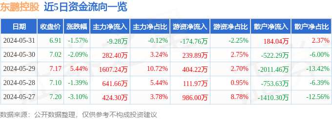 东鹏控股（003012）5月31日主力资金净卖出9.28万元