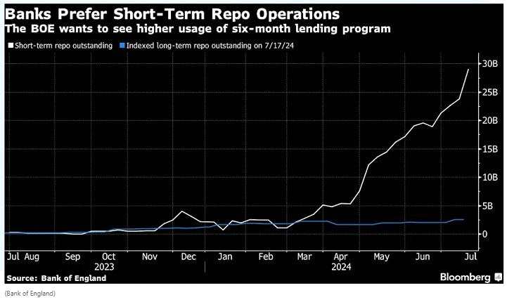 图：银行青睐短期回购操作（英国央行希望提高使用6个月借贷项目）（白线指短期未偿回购，蓝线指指数长期未偿回购）
