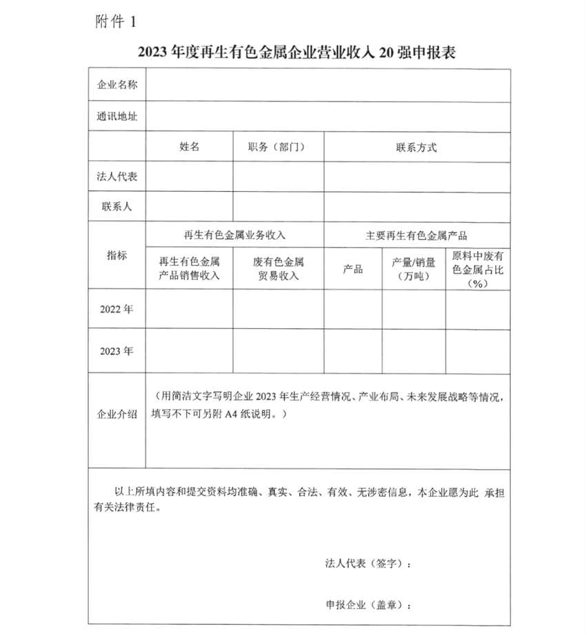 关于开展2023年度再生有色金属企业营业收入20强申报工作的通知