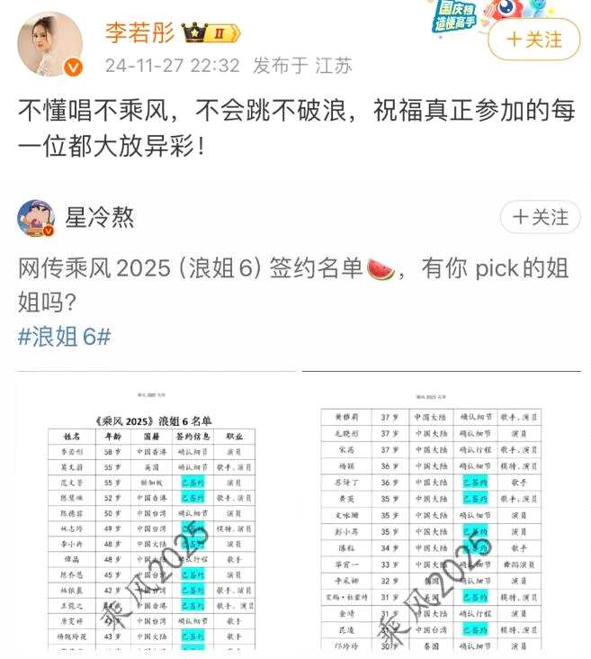 李若彤否认参加浪姐6录制:不懂唱不乘风 不会跳不破浪