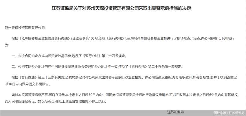 因从事私募基金业务存在违规行为，苏州天琛投资被监管警示