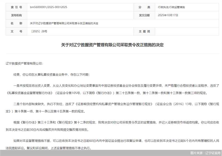 因从事私募投资基金业务存违规行为，胜握资产被监管责令改正