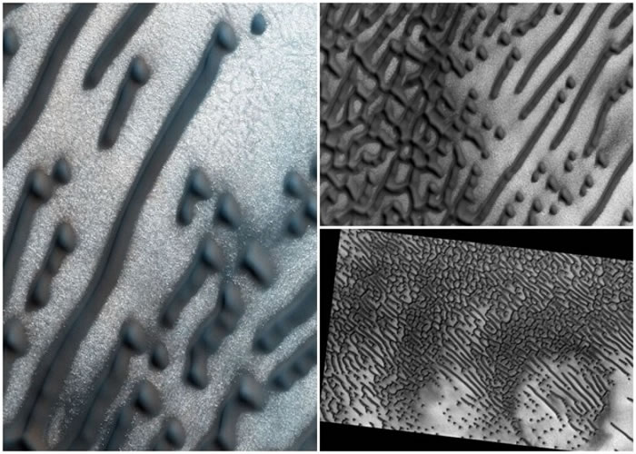 火星探测轨道飞行器发现大量不规则的点状及条状图案。